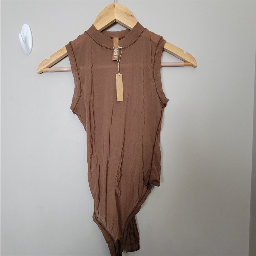 Skims SUMMER MESH MOCK NECK BODYSUIT in Jasper Brown NWOT S